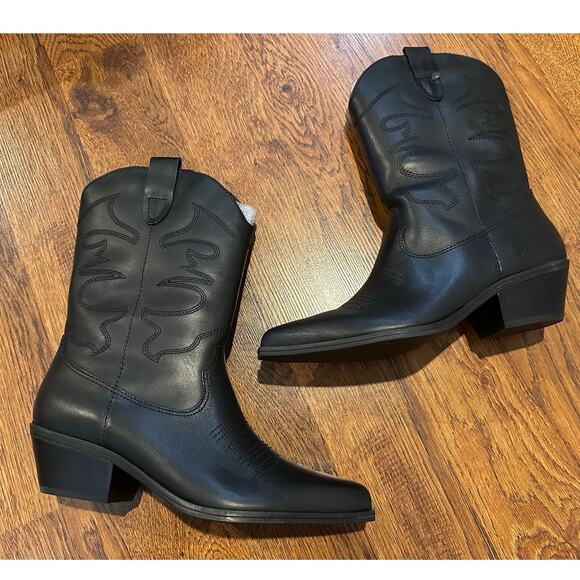 Steve Madden Women's Leather Cowboy Boot Mid Calf Black Size 9 NWT - Picture 1 of 11